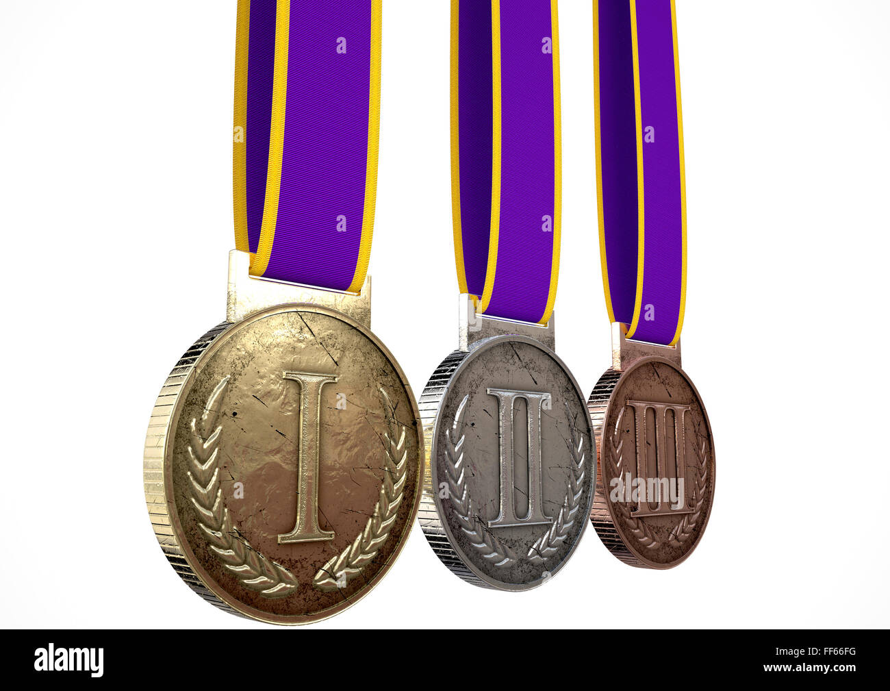 A set of gold, silver and bronze medals with ribbons on an isolated