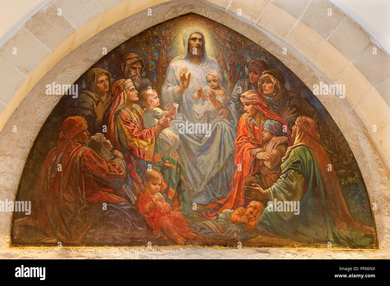 JERUSALEM, ISRAEL - MARCH 5, 2015: The of Jesus among the children in st. George anglicans church from end of 19. cent. Stock Photo