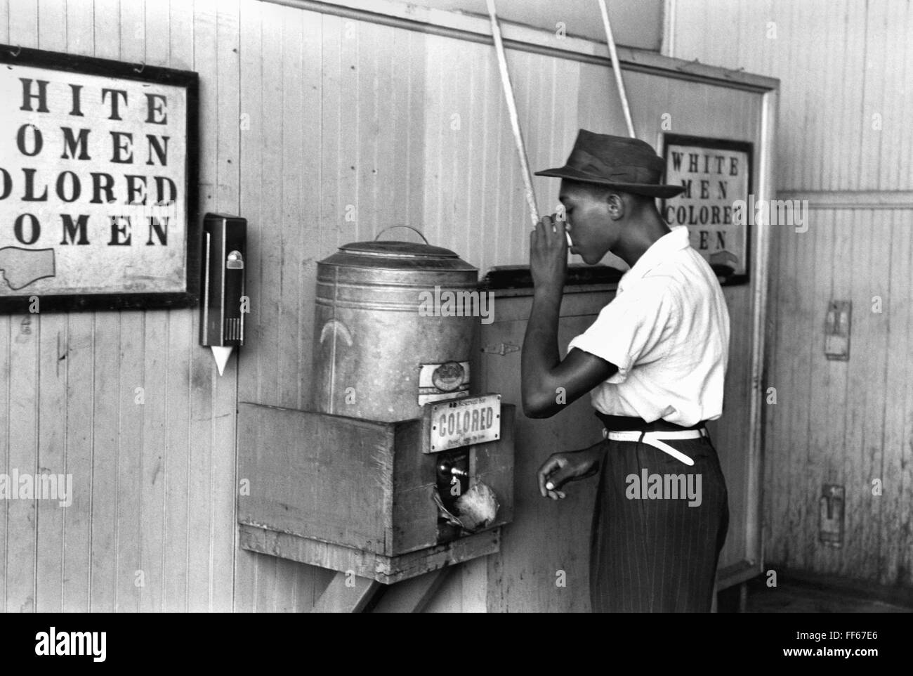JIM CROW LAWS, 1939. /nA segregated water fountain at Oklahoma City, Oklahoma. Photographed by Russell Lee, 1939. Stock Photo