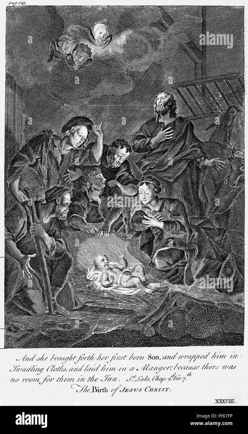 NATIVITY. /nThe Birth of Jesus Christ. Copper engraving, English, 1765. Stock Photo