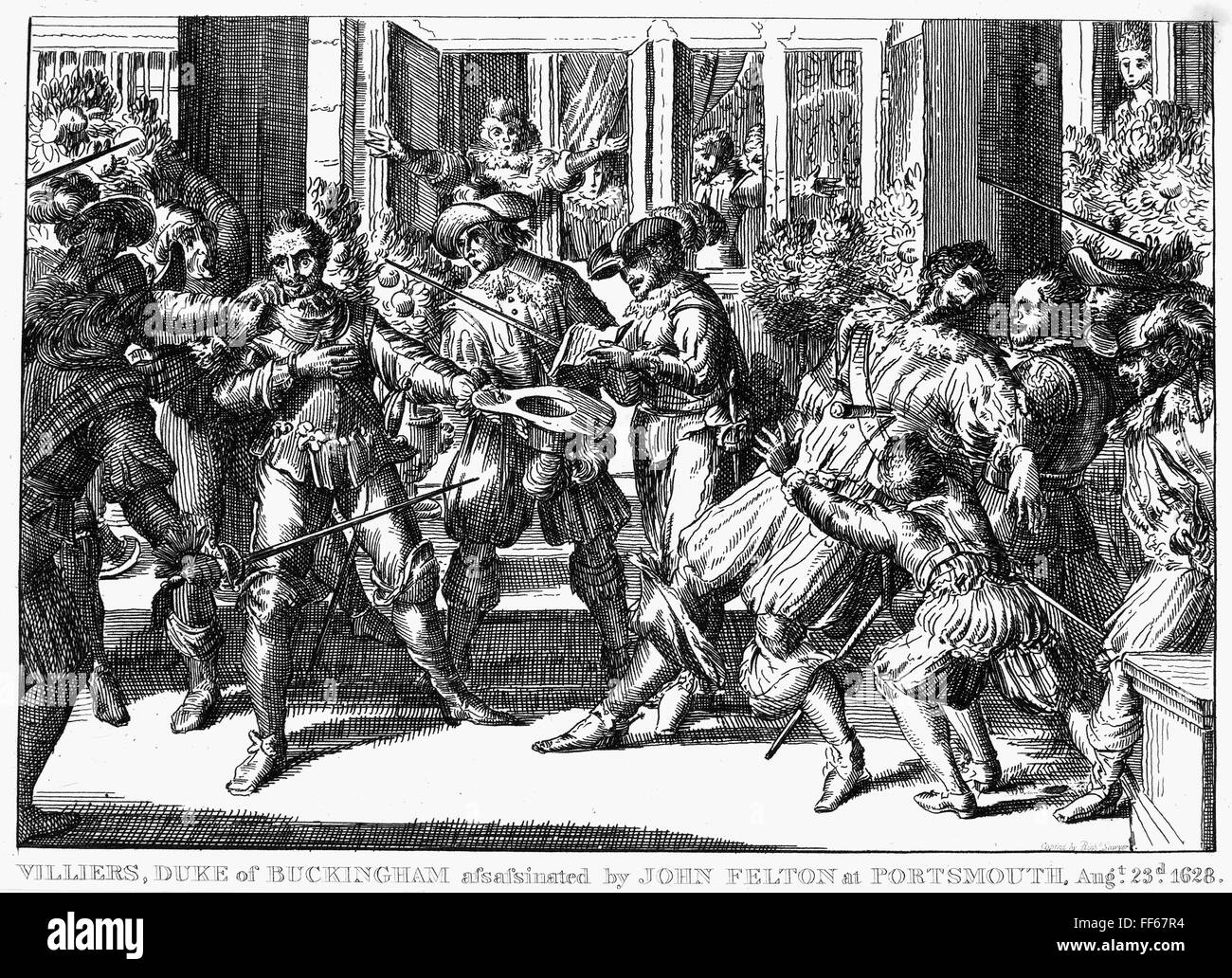 GEORGE VILLIERS (1592-1628). /n1st Duke of Buckingham. English courtier and politician. The assassination of Villiers, 23 August 1628, by John Felton, ...