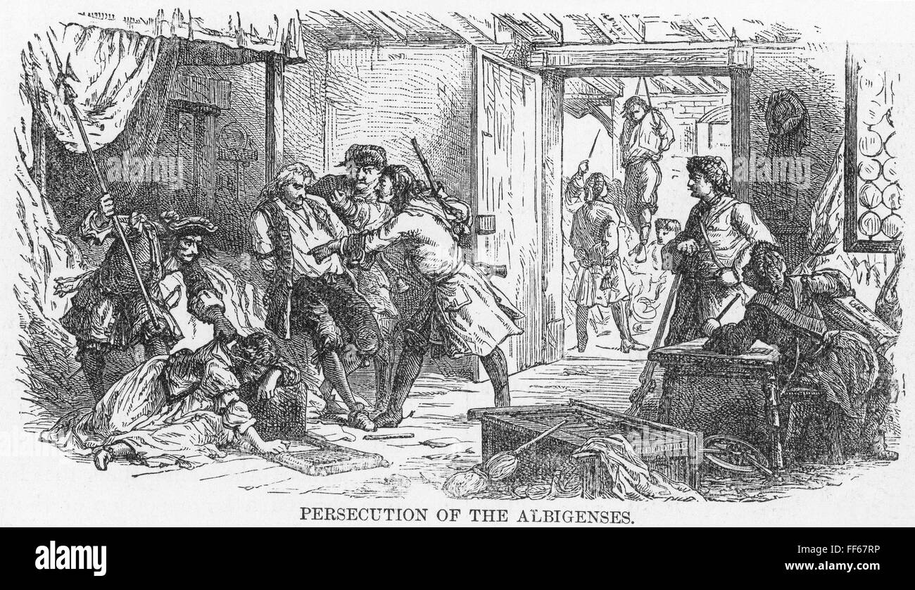 ALBIGENSIAN CRUSADE. /nPersecution of the Albigenses in 13th century France. Wood engraving, American, 1885. Stock Photo