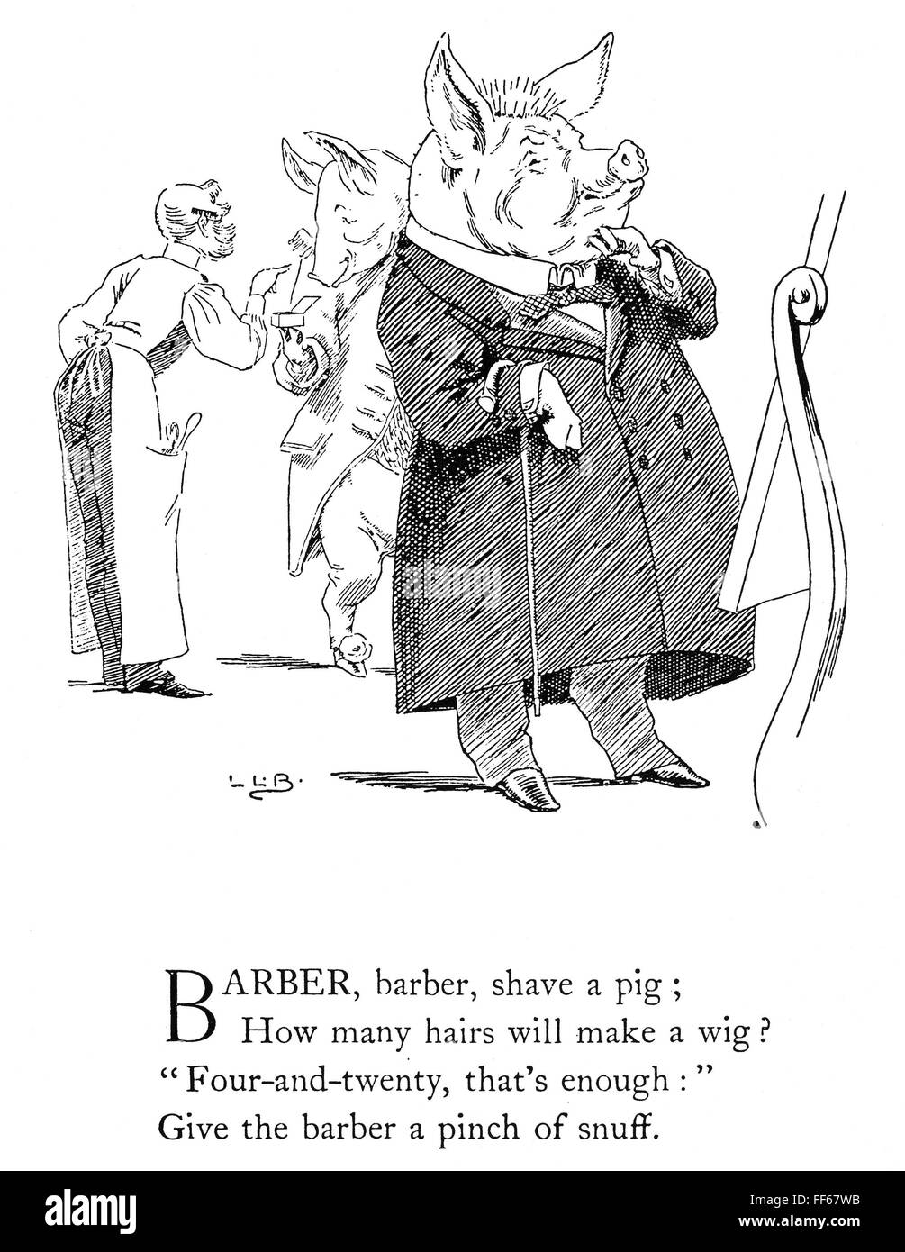 LANG: NURSERY RHYME BOOK. /n'Barber, barber, shave a pig.' Pen-and-ink drawing by L. Leslie Brooke from the first edition, 1898, of Andrew Lang's 'Book of Nursery Rhymes.' Stock Photo