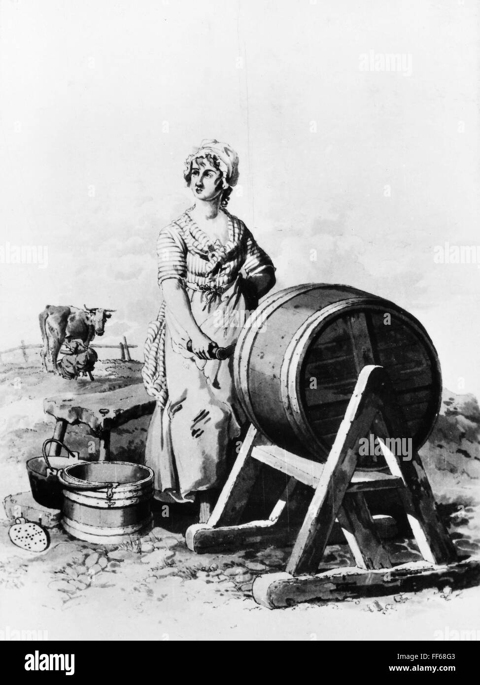 BUTTER CHURN, 1805. /nA dairymaid churning butter. English aquatint engraving, 1805 Stock Photo