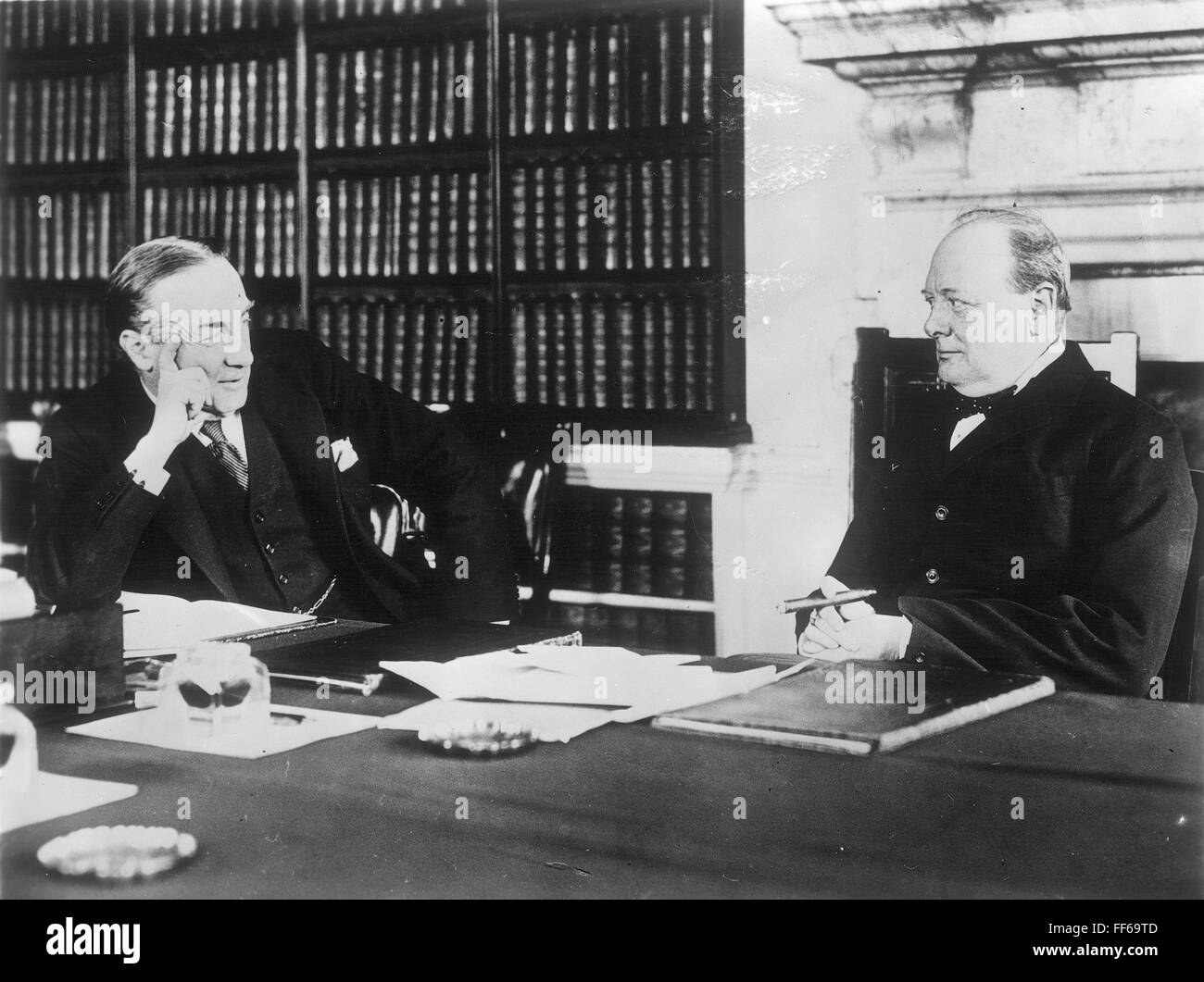 CHURCHILL WITH BALDWIN. /nSir Winston Churchill (1874-1965), English statesman. Pictured when Chancellor of the Exchequer, with British Prime Minister Stanley Baldwin at 10 Downing Street, London, c1925. Stock Photo