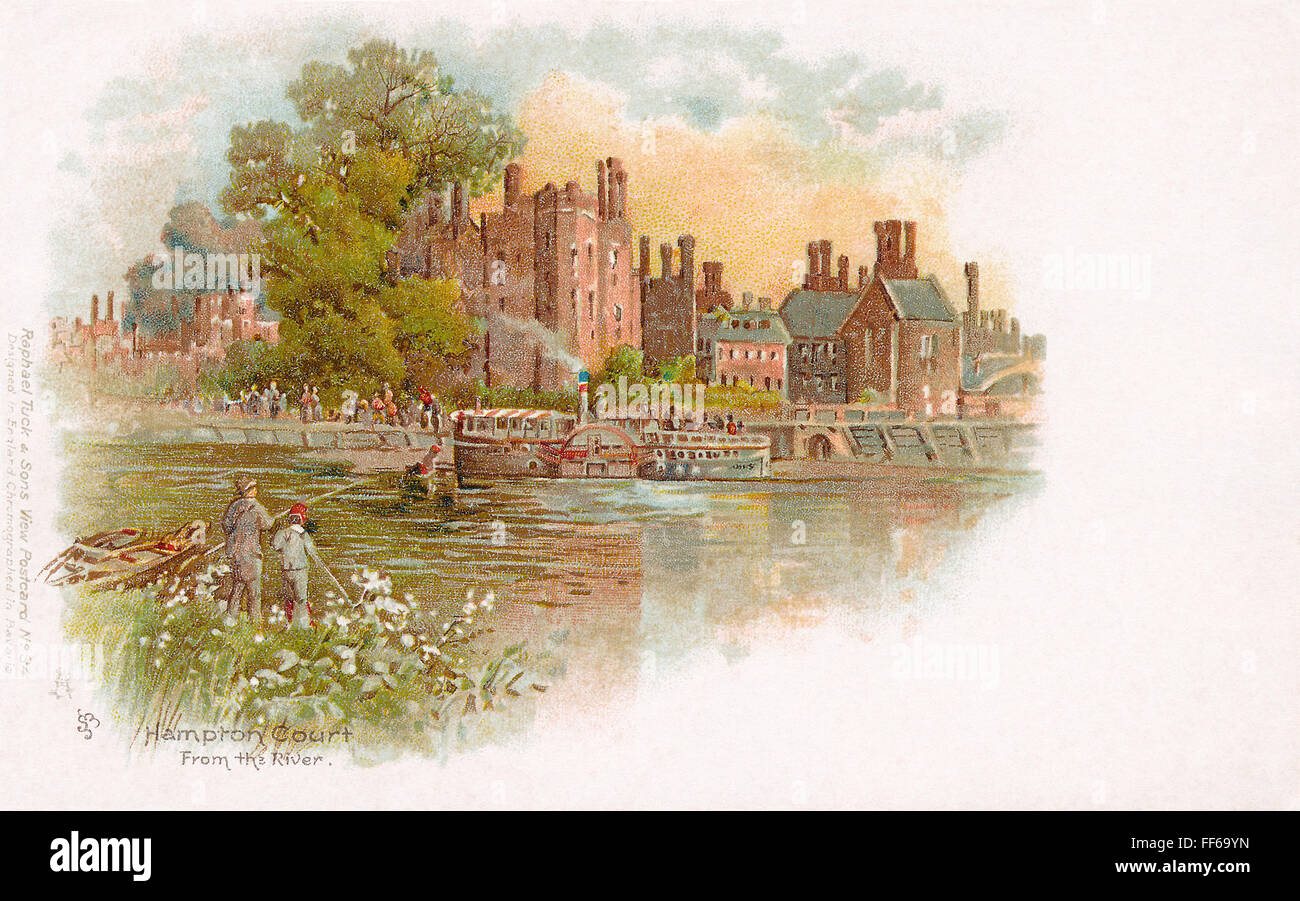 Edwardian postcard of Hampton Court Palace and the River Thames. Stock Photo