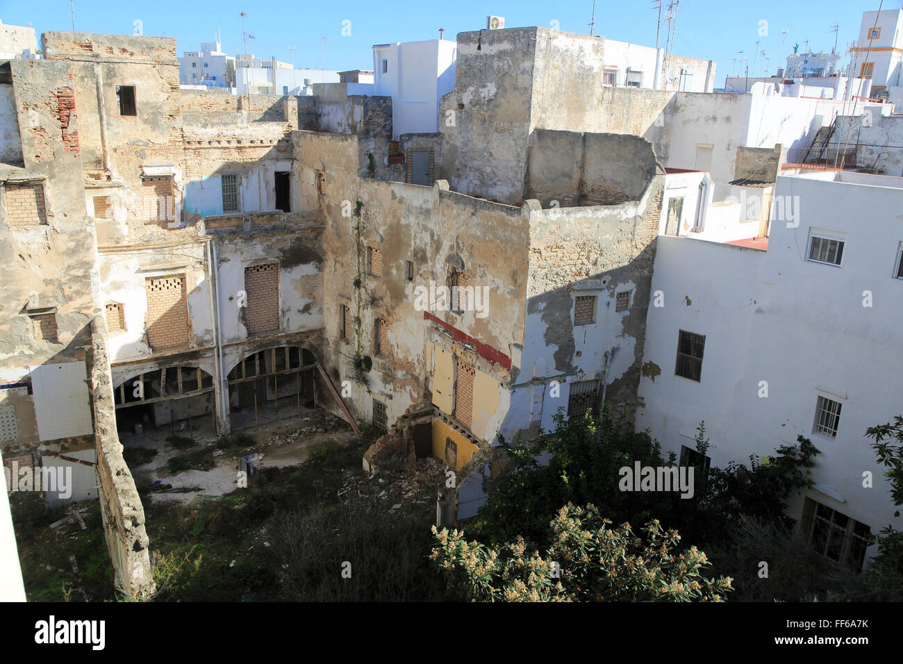 View over city centre internal courtyard with some building dereliction, Cadiz, Spain Stock Photo