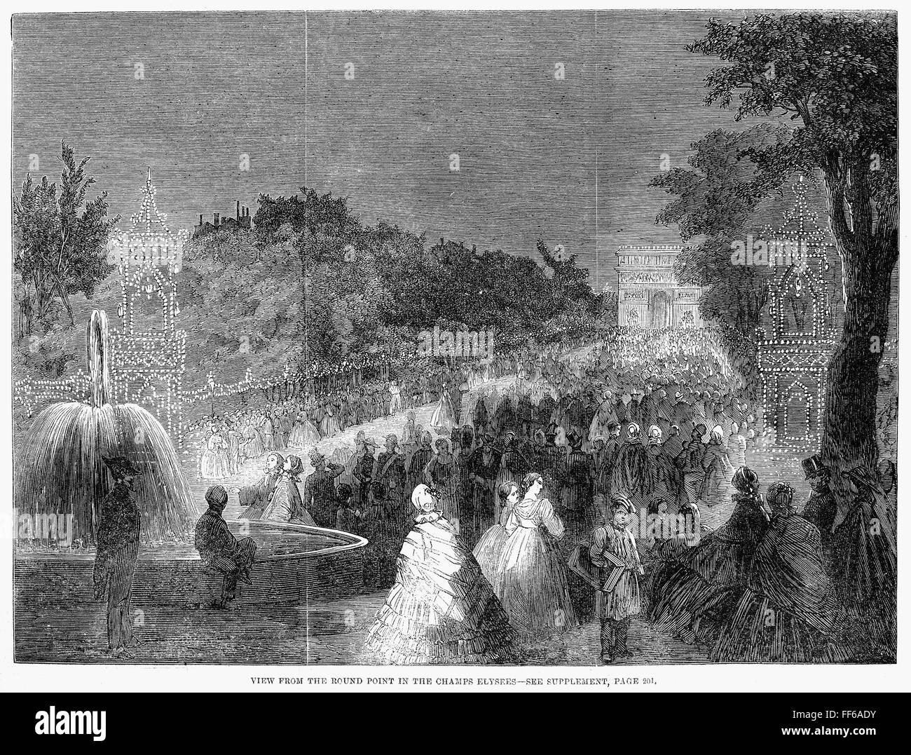 PARIS: CHAMPS-╔LYS╔ES, 1861. /nA summer evening on the Champs-╔lysΘes in Paris, France, during an imperial fΩte. Wood engraving from an English newspaper of 1861. Stock Photo