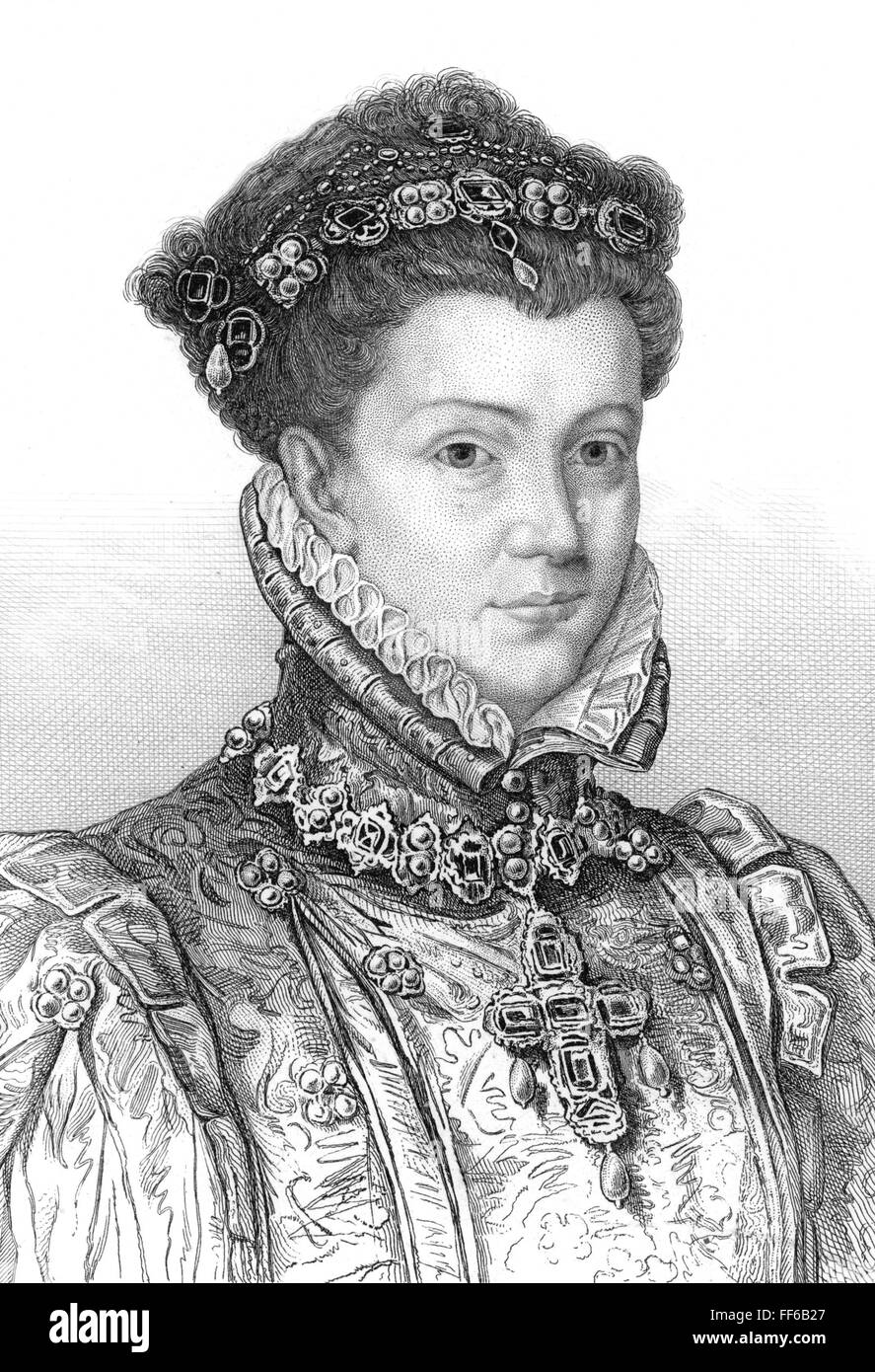 ELIZABETH OF VALOIS /n(1545-1568). Queen of Spain, 1560-1568. Line and stipple engraving, French, 19th century. Stock Photo