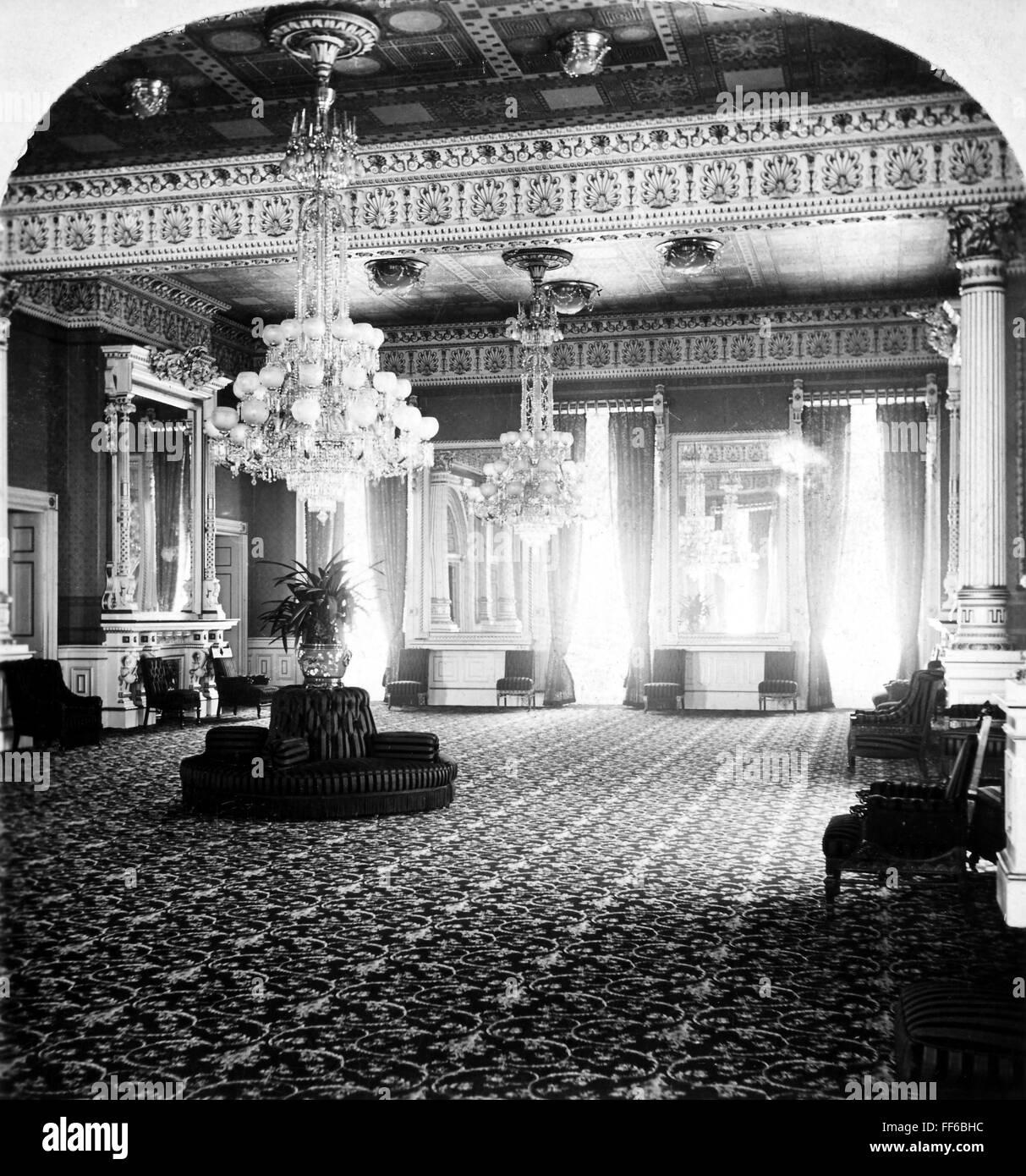 WHITE HOUSE: EAST ROOM. /nA view of the East Room of the White House as redecorated by President and Mrs. Ulysses S. Grant in 1873 with patterned carpet, wall coverings and gas chandeliers. Photographed in 1898. Stock Photo