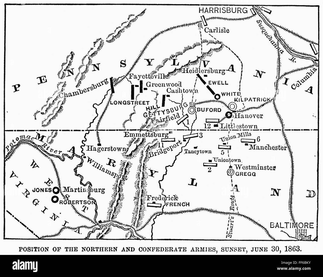 CIVIL WAR GETTYSBURG. /nMap showing the positions of the Union and