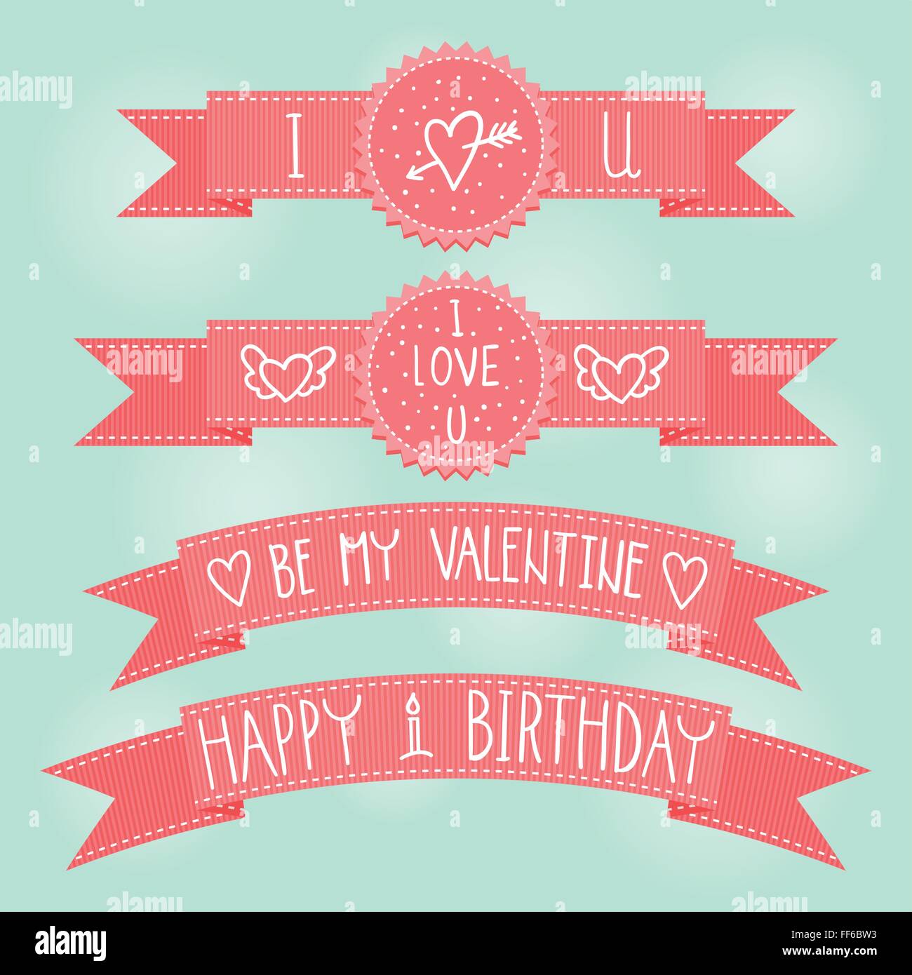 Vector pink ribbons with Valentines day illustrations and typography ...