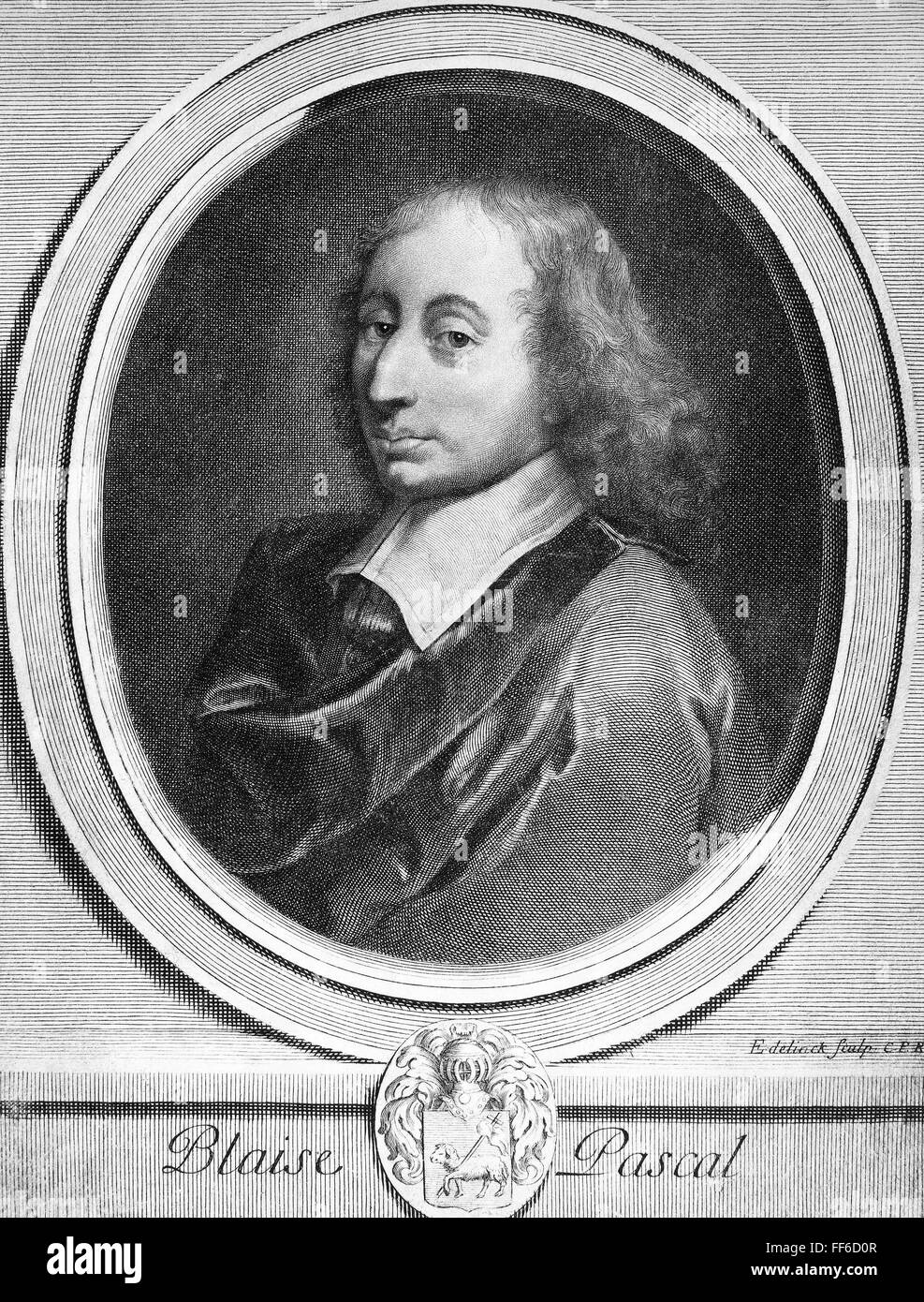 BLAISE PASCAL (1623-1662). /nFrench scientist and philosopher. Copper engraving by Gerard Edelinck (1640-1707). Stock Photo