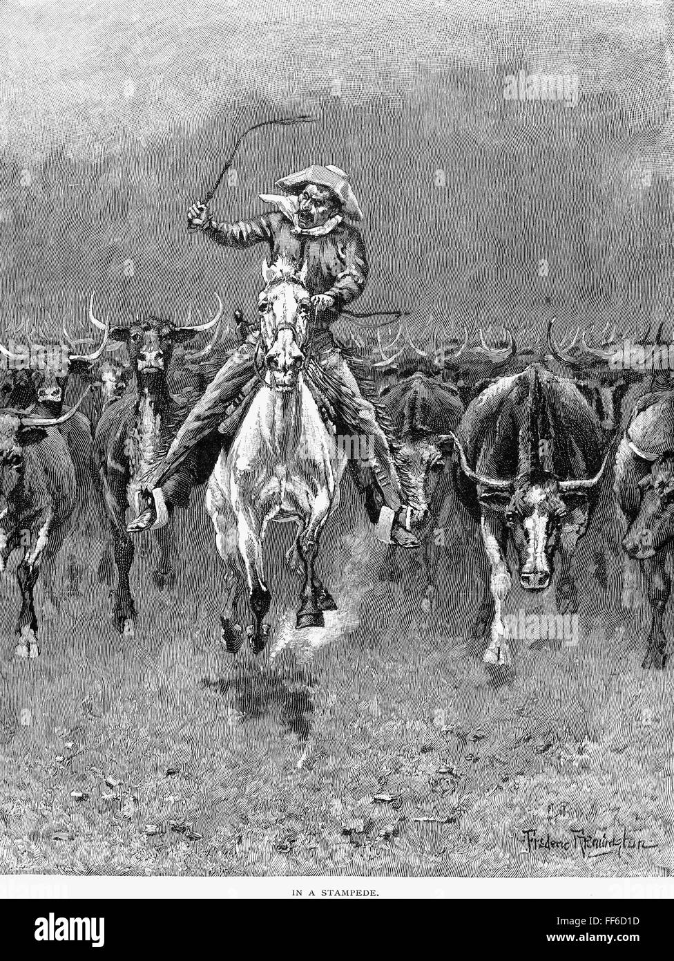 IN A STAMPEDE. /nWood engraving, 1888, after a drawing by Frederic