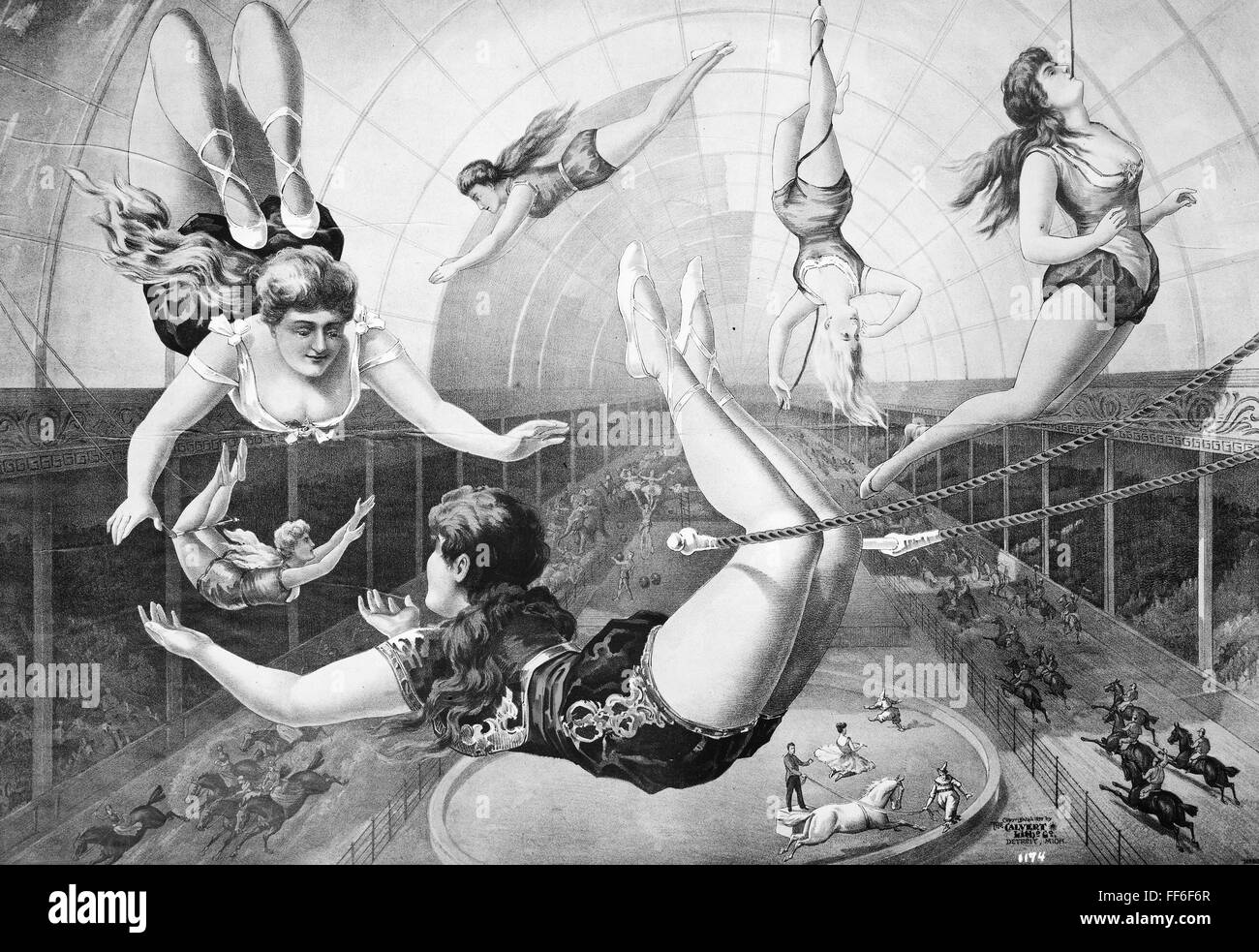 TRAPEZE ARTISTS, 1890. /nAmerican lithograph poster, 1890. Stock Photo