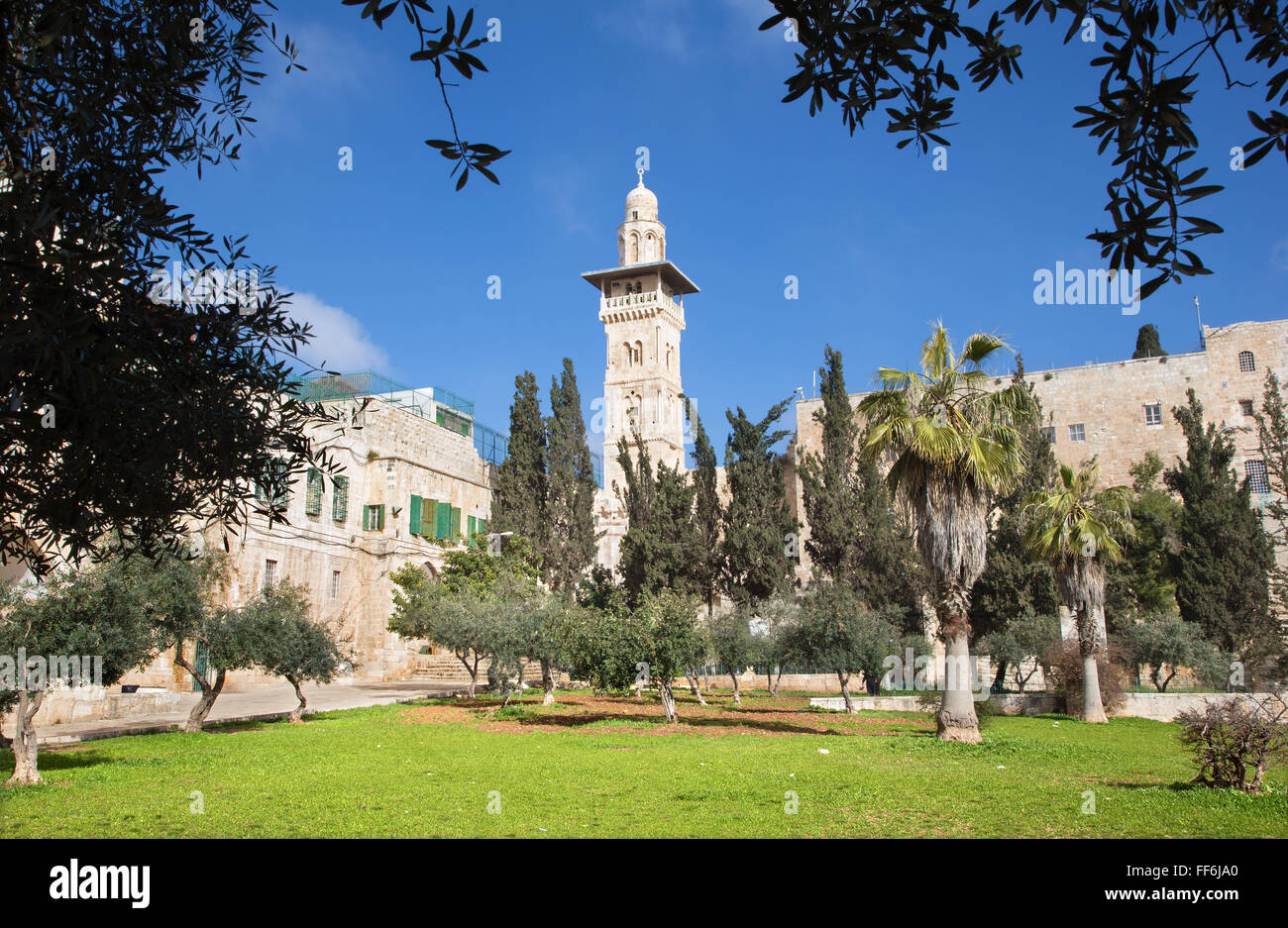 JERUSALEM, ISRAEL - MARCH 5, 2015: The look from the Temple Mount to minaret in the north part. Stock Photo