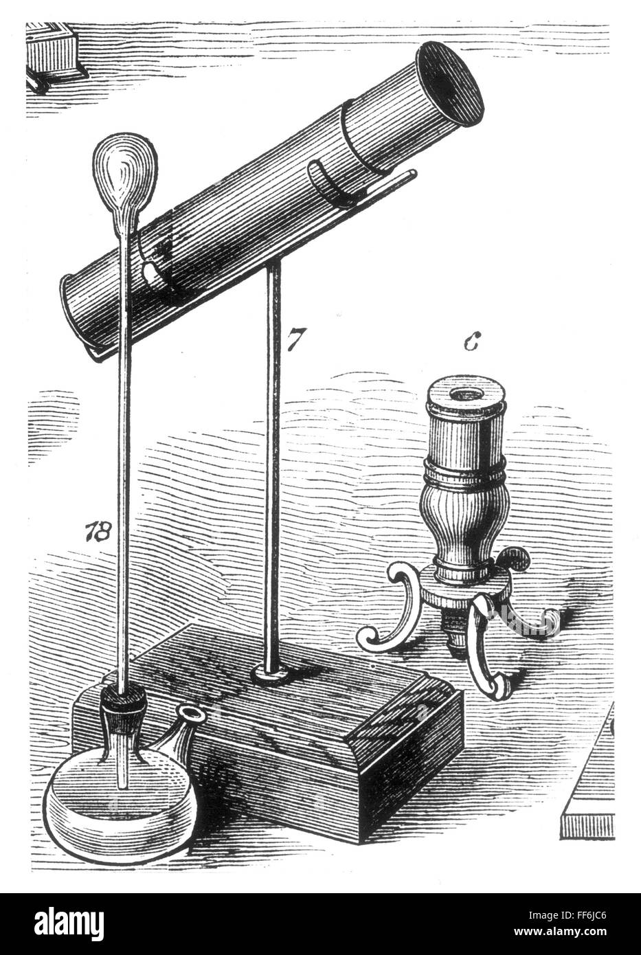 GALILEO'S MICROSCOPE. /n6) Zacharias Janssen's compound microscope, 1590;  7) Galileo's microscope; 18) Galileo's thermoscope Stock Photo - Alamy