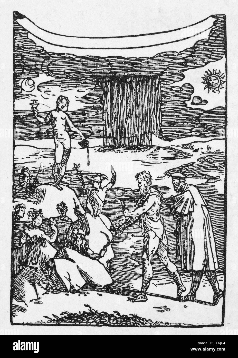 ALCHEMY: METALS. /nAlchemists and the planetary metals. Engraving by Dominico Beccafumi di Pace (1486-1551). Stock Photo