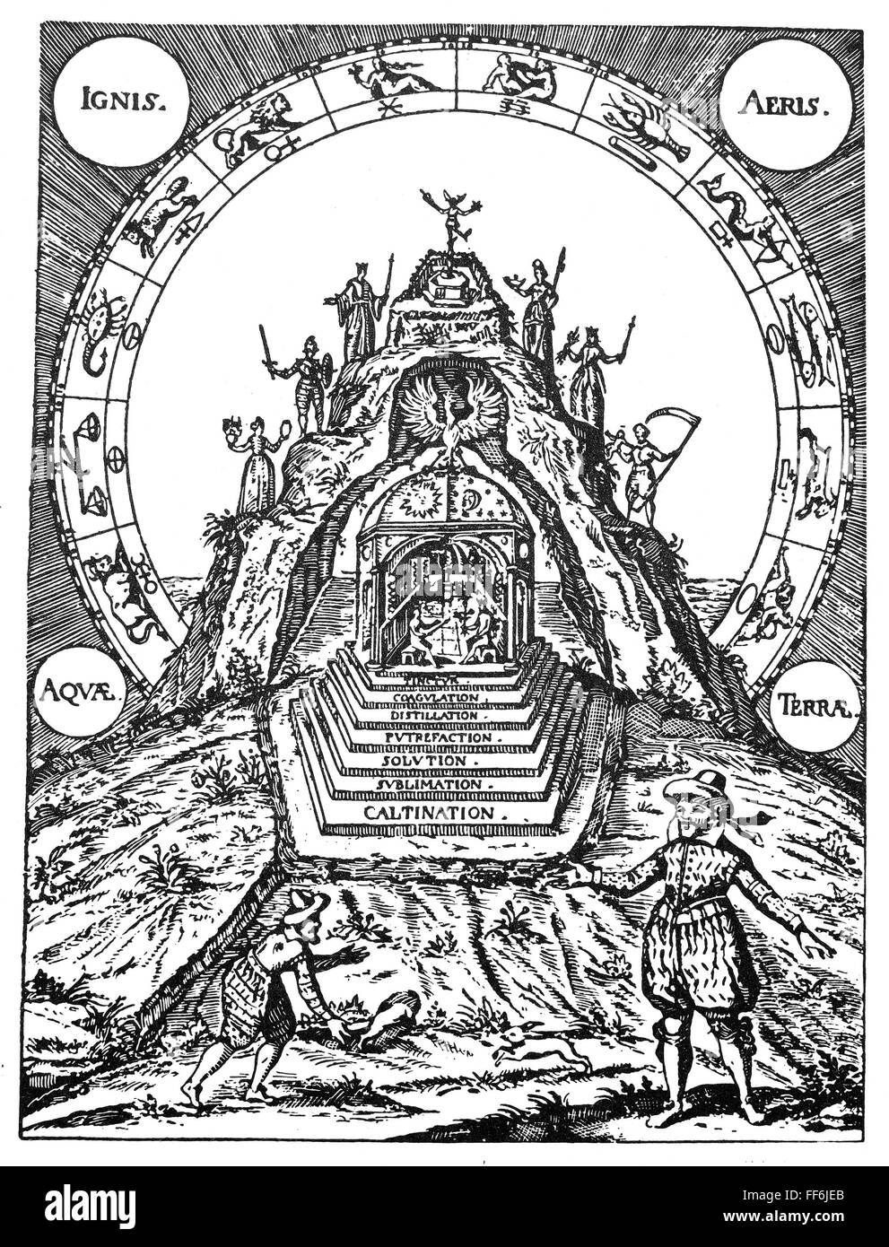 ALCHEMY: MOUNTAIN. /nThe Mountain of the Adepts, /ncontaining the Philosopher's Stone. Engraving from Stephan Michelspacher's 'Alchemia,' 1654. Stock Photo