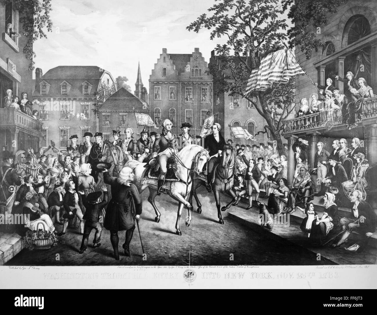 GEORGE WASHINGTON /n(1732-1799). First President of the United States. George Washington's Triumphal Entry into New York City, 25 November 1783. Lithograph, 1860. Stock Photo