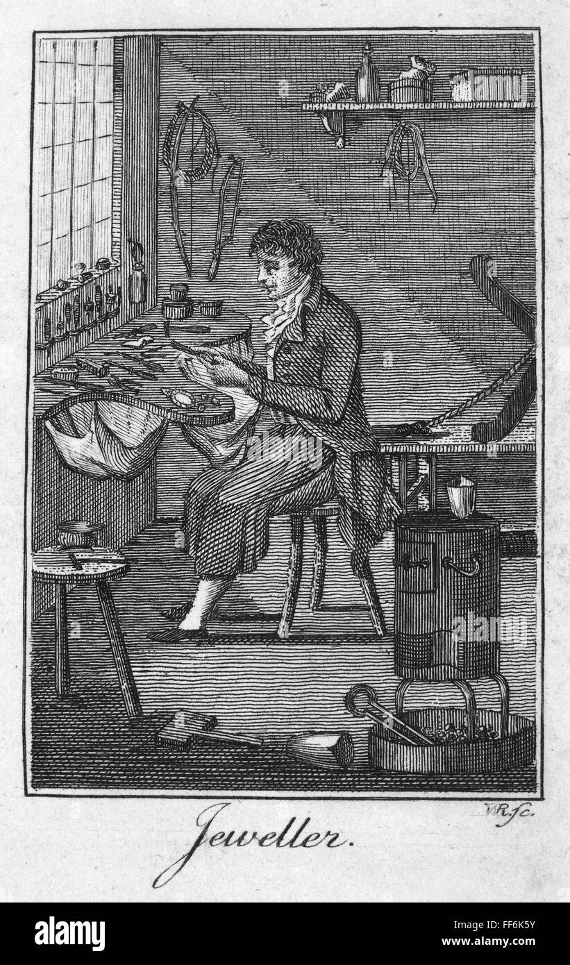 COLONIAL JEWELLER. /nA colonial American jeweller. Line engraving, late ...