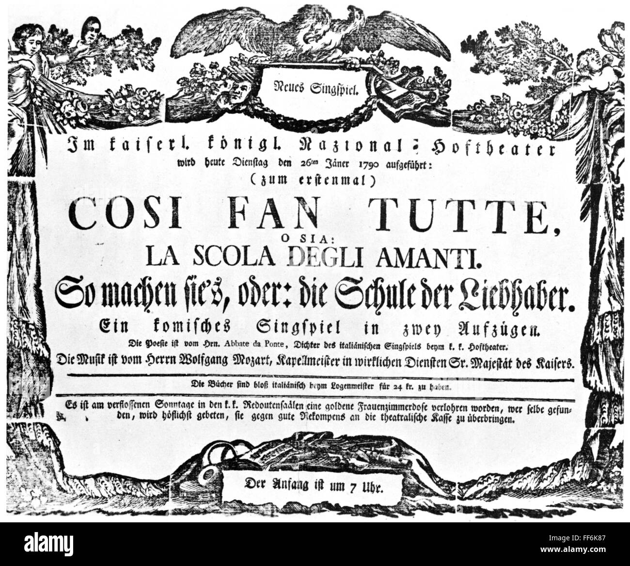 MOZART: COSI FAN TUTTE. /nPoster announcing the first performance of  Wolfgang Amadeus Mozart's 'Cosi Fan Tutte' at the Hofburgtheater, Vienna,  on Tuesday, 26 January 1790 Stock Photo - Alamy