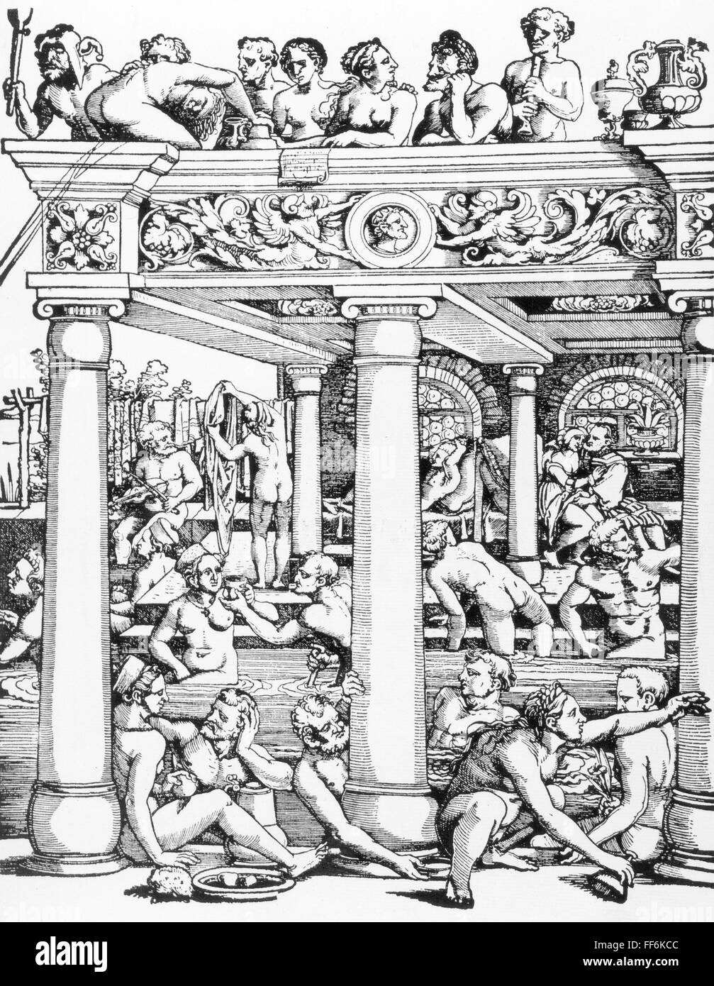 bathing, fountain of youth, wood engraving by Hans Sebald Beham (1500 1550), Germany, 1st half