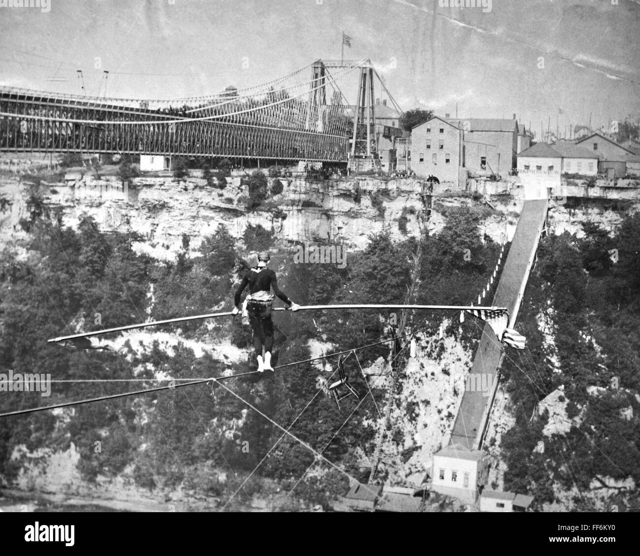 CHARLES BLONDIN (1824-1897). /nAssumed name of Jean Francois Gravelet.  French tightrope walker. Blondin crossing Niagara Falls on a tightrope in  1859 or 1860 Stock Photo - Alamy