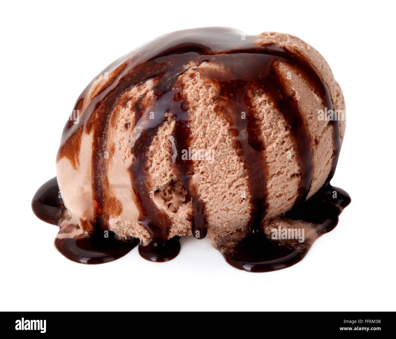 Ice cream scoop with chocolate sauce, isolated on the white background. Stock Photo