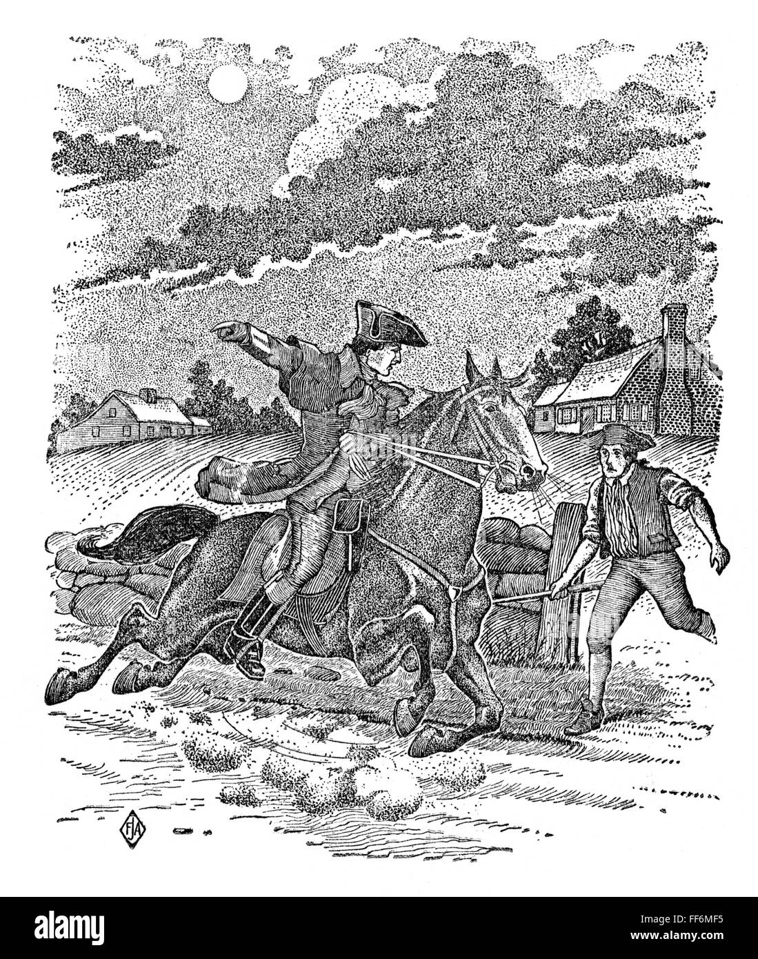 PAUL REVERE'S RIDE /nfrom Boston to Lexington, April 18, 1775. Lithograph, late 19th century. Stock Photo