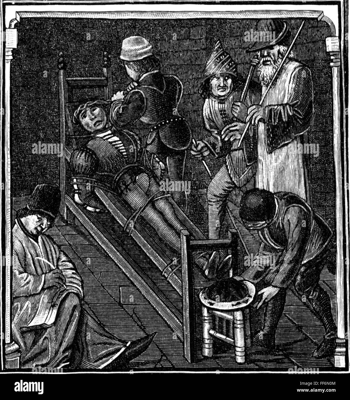 justice, torture, interrogation in the torture chamber, after miniature, from: Valerius Maximus, 'Factorum et dictorum memorabilium', 15th century, city library Wroclaw, wood engraving, 19th century, Additional-Rights-Clearences-Not Available Stock Photo