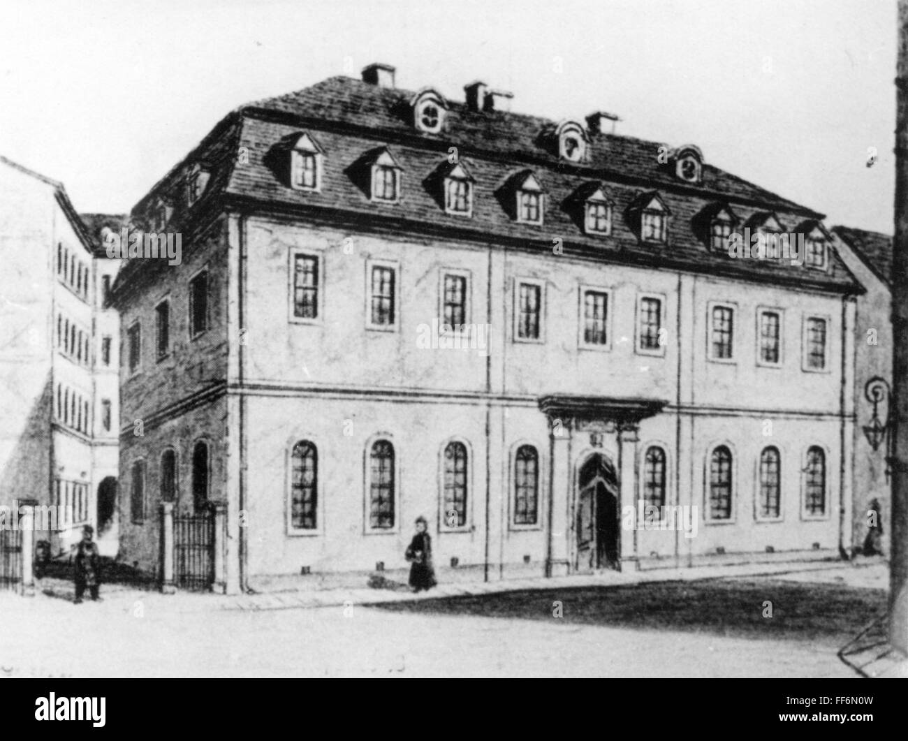 geography / travel, Germany, Leipzig, buildings, university, exterior view, Petrinum with legal faculty, drawing, 19th century, 19th century, graphic, graphics, law, jurisprudence, Saxony, East Germany, Eastern Germany, Germany, Central Europe, Europe, architecture, building, buildings, university, universities, faculty, department, faculties, departments, law school, historic, historical, people, Additional-Rights-Clearences-Not Available Stock Photo
