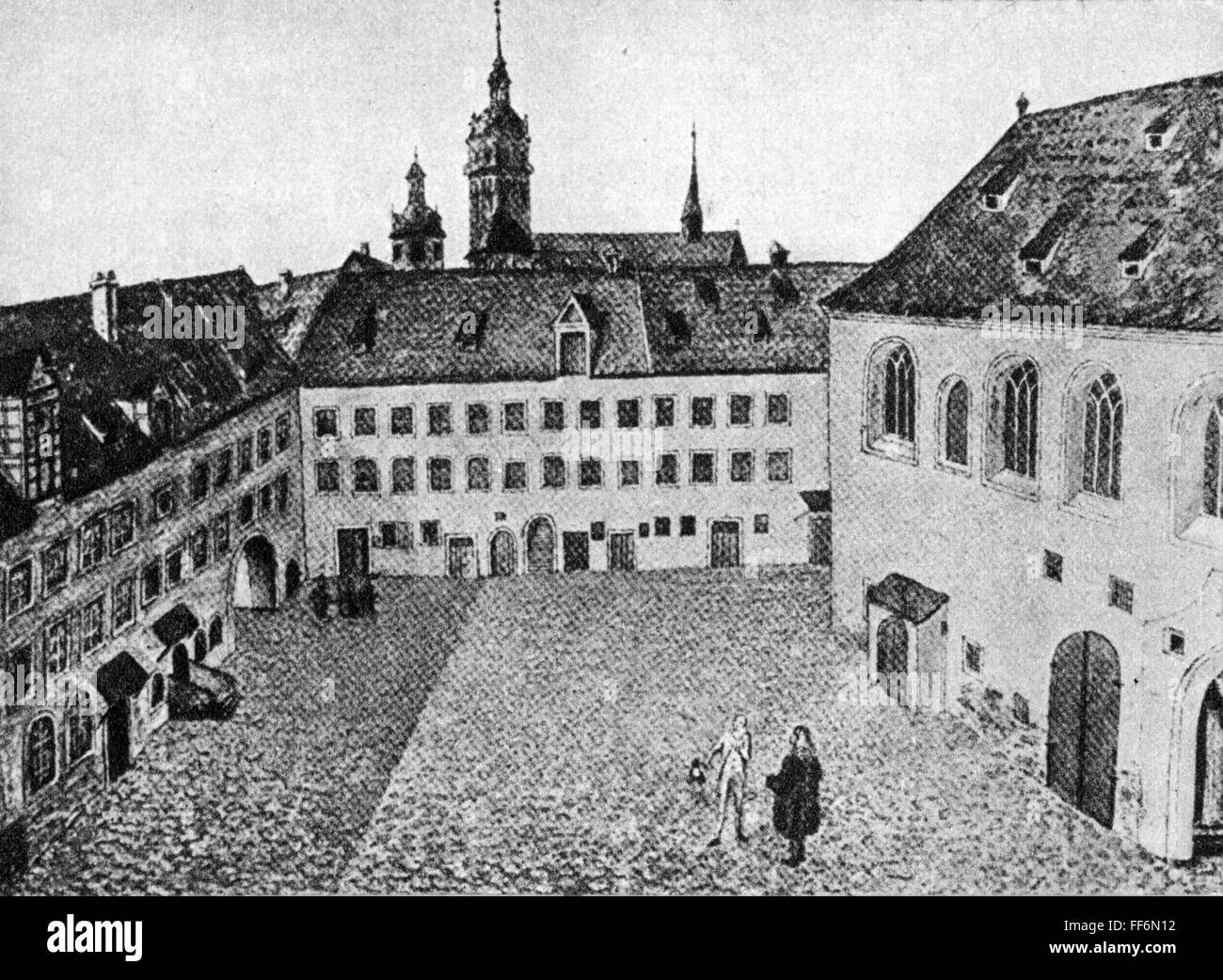 geography / travel, Germany, Leipzig, buildings, university, exterior view, Pauline courtyard, engraving, 18th century, 18th century, graphic, graphics, pedagogy, paedagogy, education, inner courtyard, inner courtyards, Saxony, East Germany, Eastern Germany, Germany, Central Europe, Europe, architecture, building, buildings, university, universities, court, courtyards, courts, in the courtyard, historic, historical, people, Additional-Rights-Clearences-Not Available Stock Photo
