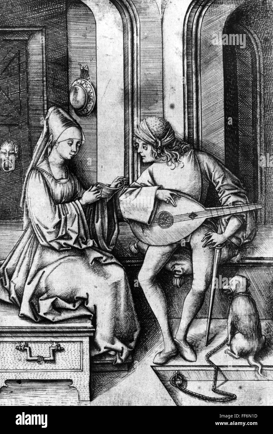 music, musician, lutenist and singer during salon music, copper engraving by Israhel van Meckenem, Bocholt, Westphalia, late 15th century, lute, lutes, musical instrument, musical instruments, stringed instrument, string instrument, stringed instruments, string instruments, chordophone, fashion, clothes, animals, animal, dog, dogs, fasten, fastening, leash, lead, leashes, Germany, Middle Ages, fine arts, art, Gothic style, Gothic period, graphic, graphics, people, couple, couples, singer, singers, historic, historical, Artist's Copyright has not to be cleared Stock Photo