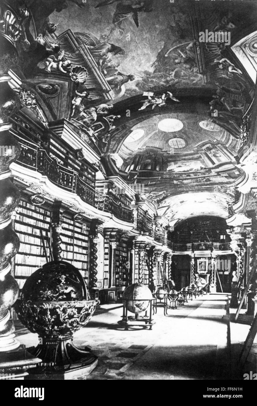 geography / travel, Czechia, Prague, building, university, Clementinum, interior view, national library, 20th century, 20th century, bookshelf, bookshelves, shelf, shelves, book, books, globe, globes, hall, halls, mural painting, wall painting, murals, mural paintings, wall paintings, wallpainting, wallpaintings, art of painting, fine arts, art, ornament, ornaments, Eastern Europe, Europe, architecture, Czechia, Czech Republic, Prague, Praha, building, buildings, university, universities, national library, national libraries, historic, historical, Additional-Rights-Clearences-Not Available Stock Photo