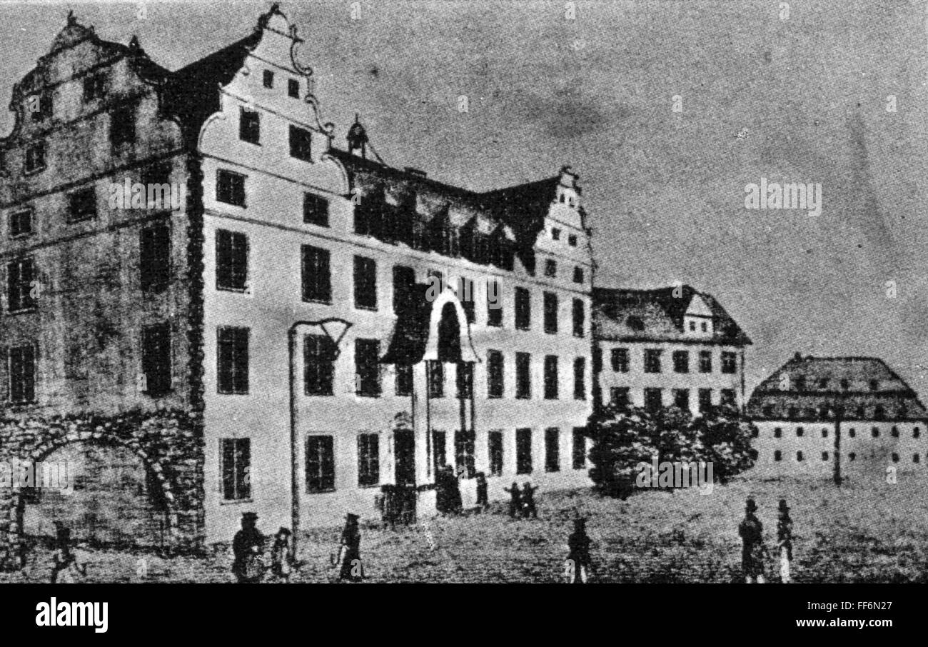 geography / travel, Germany, Giessen, buildings, university, exterior view, drawing, 19th century, 19th century, graphic, graphics, Hesse, pedagogy, paedagogy, education, architecture, Central Germany, Germany, Central Europe, Europe, building, buildings, university, universities, historic, historical, people, Additional-Rights-Clearences-Not Available Stock Photo