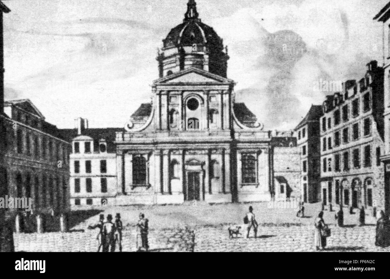 geography / travel, France, Paris, buildings, university, exterior view, Sainte Ursule chapel, engraving, 19th century, 19th century, graphic, graphics, pedagogy, paedagogy, education, Western Europe, Europe, churches, church, sacred building, sacred buildings, architecture, Sorbonne, building, buildings, university, universities, chapel, chapels, historic, historical, people, Additional-Rights-Clearences-Not Available Stock Photo