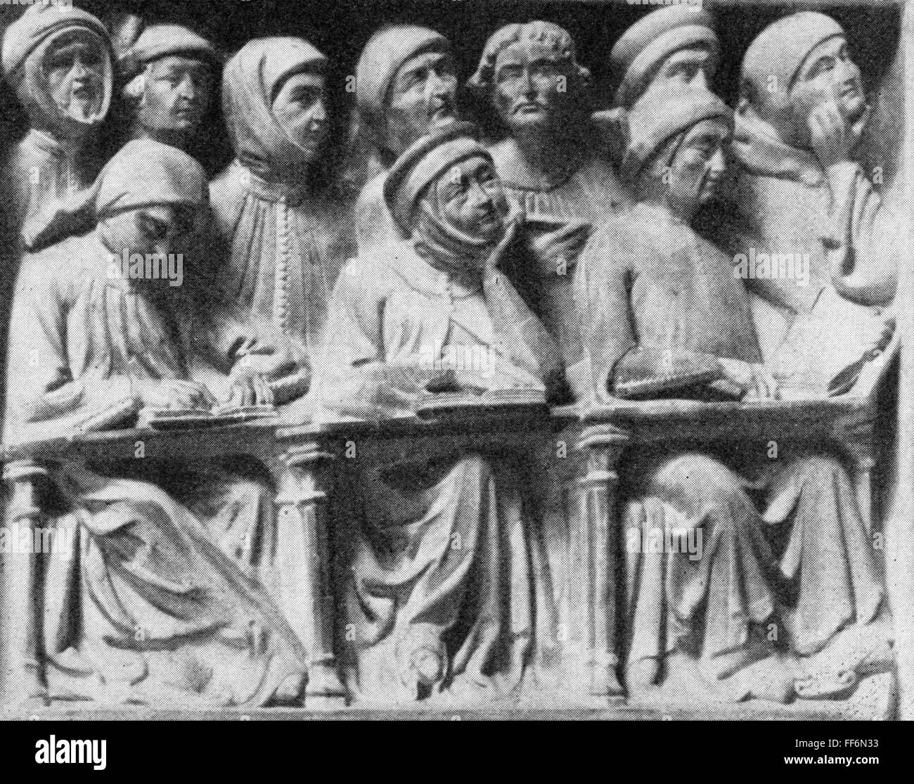 pedagogy,students,Bolognese students attending a lecture,relief,marble,tomb of Giovanni da Legnano,by Jacobello and Pietro Paolo dalle Masegne,14th century,Museo Civico Medievale,Bologna,14th century,Middle Ages,medieval,mediaeval,university,universities,half length,sitting,sit,standing,lessons,listener,listeners,hearer,hearers,listening,listen,table,tables,writing,class,lecture,classes,lectures,courses,in-service course,audience,audiences,pedagogy,paedagogy,education,students,student,tomb,tombs,historic,historical,,Additional-Rights-Clearences-Not Available Stock Photo