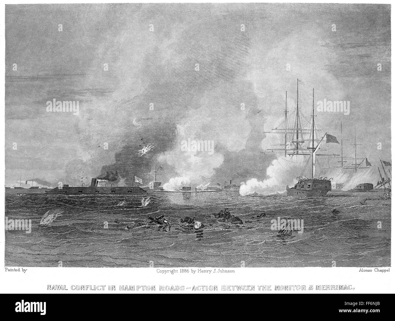 MONITOR AND MERRIMACK. /nThe engagement between the 'Monitor' and the 'Merrimack,' in the Battle of Hampton Roads during the American Civil War, 9 March, 1862. American bank-note engraving, c1870. Stock Photo