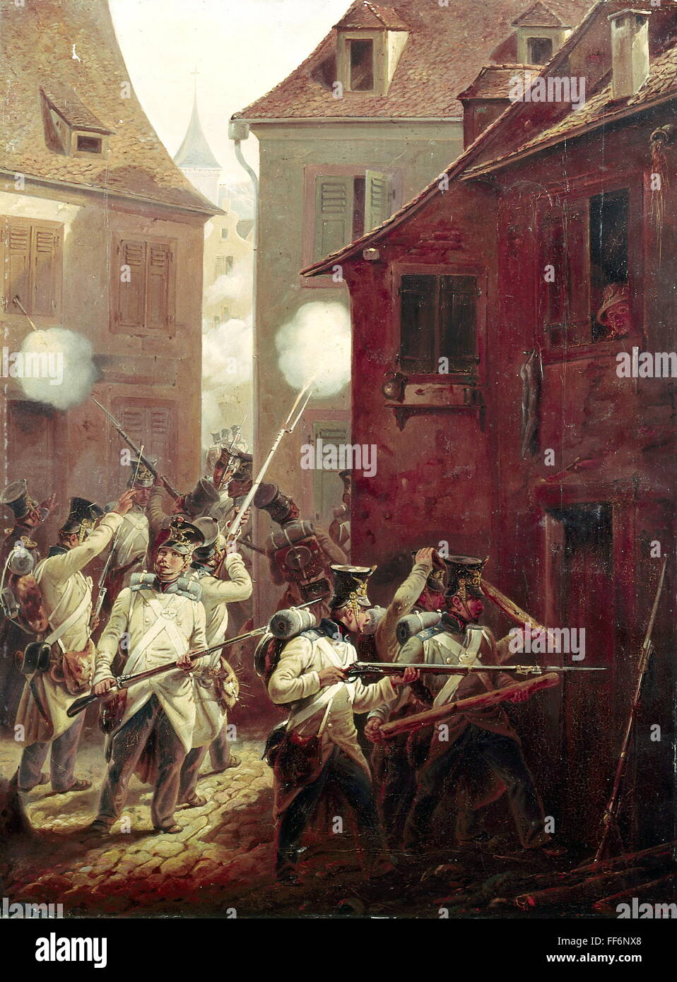 events, revolutions 1848 - 1849, Baden, Staufen, 25.9.1848, Badenese troops fighting against franc-tireurs, painting by Franz Kayser, 19th century, Wehrgeschichtliches Museum, Rastatt, historic, historical, suppression, uprising, governmental troops under General Hoffmann, street fighting, soliders, infantry, military, uniform, shako, coat, weapons, arms, rifle, shooting, firing, equipment, knapsack, kitbag, kit bag, knapsacks, kitbags, kit bags, breaking door open, city, Germany, revolution, people, Additional-Rights-Clearences-Not Available Stock Photo