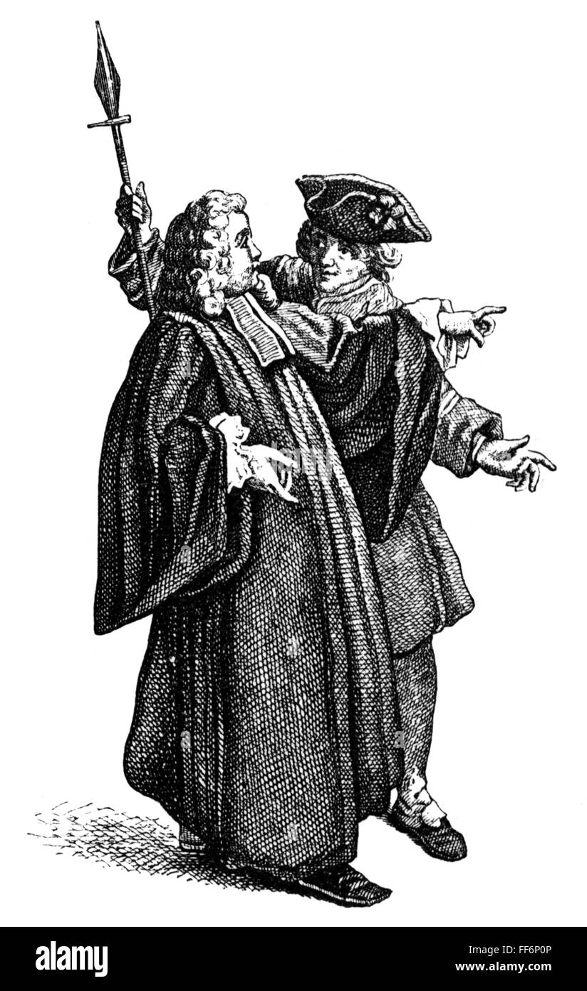 police, commissar and sergeant of the night watch, after copper engraving by Etienne Jeaurat (1699 - 1789), 18th century, wood engraving, 19th century, 18th century, graphic, graphics, France, police, policeman, policemen, commissar, Sergeant, occupation, occupations, civil servant, civil servants, clothes, outfit, outfits, uniform, uniforms, headpiece, headpieces, hats, three-cornered hat, pike, pikes, night watch, nocturnal vigil, nocturnal vigils, historic, historical, male, man, men, people, Artist's Copyright has not to be cleared Stock Photo