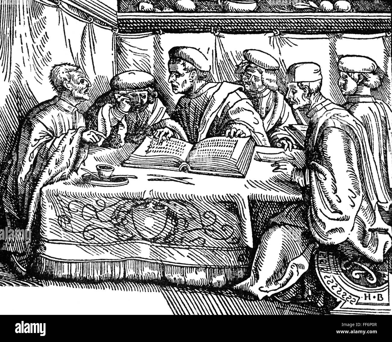 justice,judges,council of judges,woodcut,by Hans Burgkmair(1473 - 1531),16th century,16th century,graphic,graphics,jurisdiction,court of justice,courts of justice,occupation,occupations,half length,sitting,sit,table,tables,book,books,reading,read,discussion,discussions,counsels,counsellings,consultation,consultations,counsel,counseling,counselling,counseled,conversation,conversations,talks,talking,talk,judiciary,council,councils,judges,referee,associate judge,woodcut,woodcuts,historic,historical,male,man,men,p,Additional-Rights-Clearences-Not Available Stock Photo