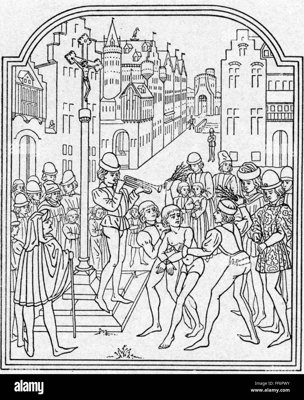 justice, penitentiary system, flogging, public flaggelation, after pen drawing, wood engraving, 19th century, 19th century, Middle Ages, medieval, mediaeval, graphic, graphics, jurisdiction, penalty, penalties, punishments, corporal punishment, marketplace, market-place, flogging, flog, whipping, whip, whips, viewer, viewers, audience, audiences, public flaggelation, historic, historical, people, crowd, crowds, Additional-Rights-Clearences-Not Available Stock Photo