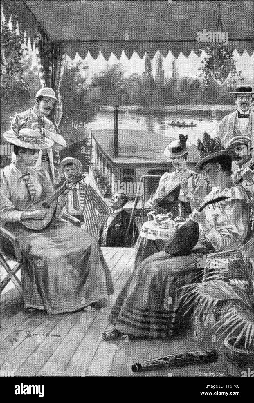 tourism, group making music on a houseboat, after Fritz Bergen (1857 - 1941), lithograph by A.Schuler, circa 1900, Additional-Rights-Clearences-Not Available Stock Photo