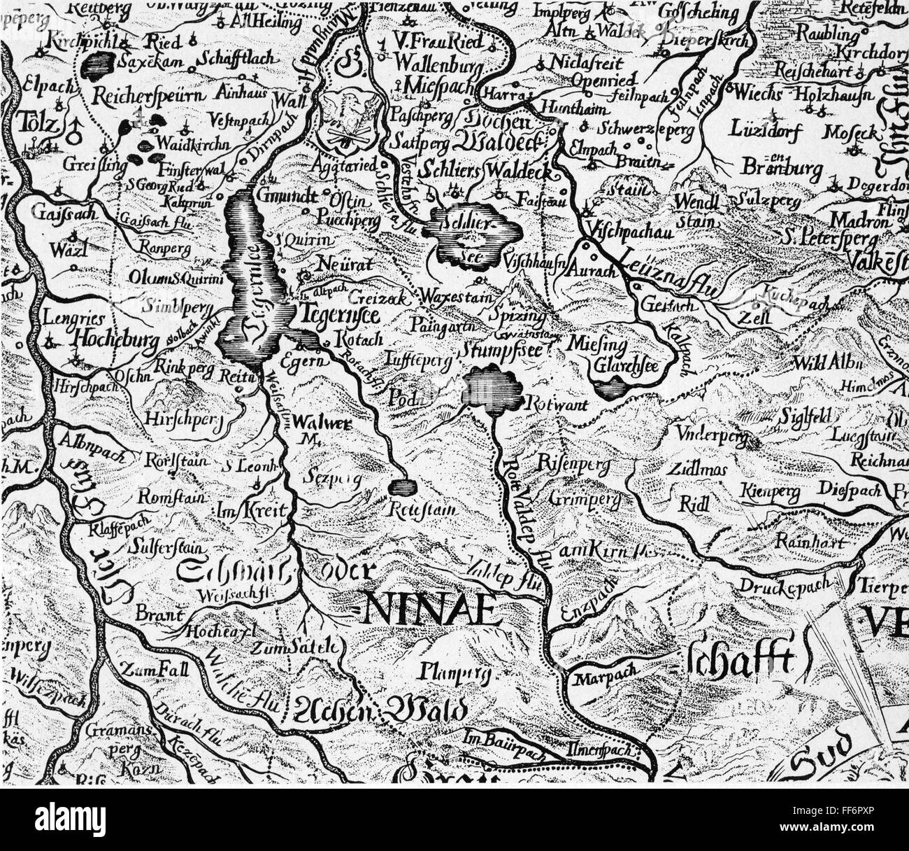 cartography, map, Germany, Bavarian Oberland, copper engraving, 17th century, electorate Bavaria, Upper Bavaria, river, rivers, Isar, lakes, lake, Tegernsee, Schliersee, stretch of waters, Alps, prealpine lands, alpine upland, Holy Roman Empire, Central Europe, cartography, map printing, map, maps, historic, historical, Artist's Copyright has not to be cleared Stock Photo