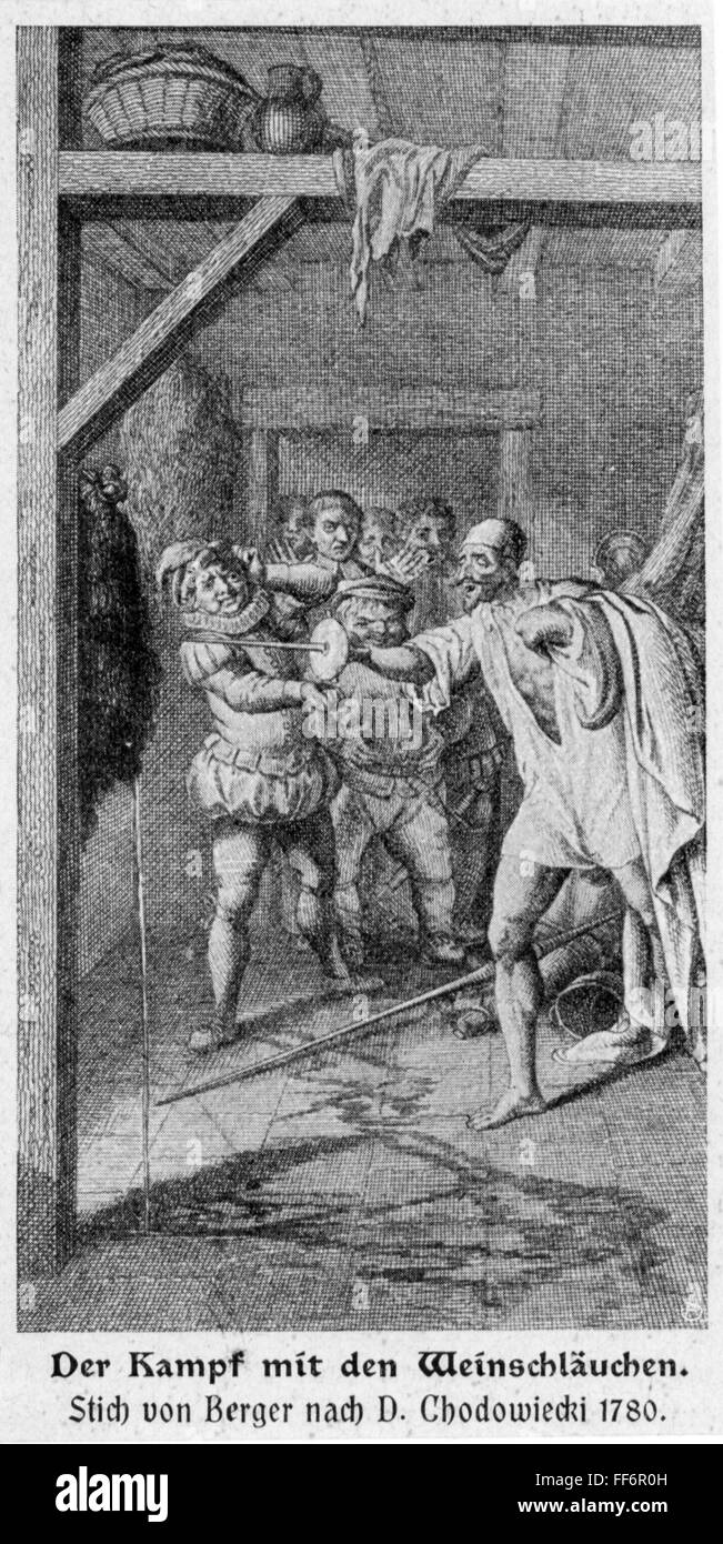 literature, Don Quixote, character of a novel by Miguel de Cervantes Saavedra (1547 - 1616), fighting with the wineskins, copper engraving by Berger after Daniel Chodowiecki (1726 - 1801), 1780, Artist's Copyright has not to be cleared Stock Photo