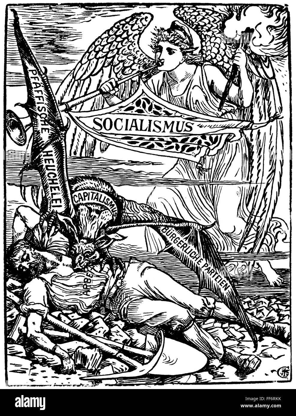 politics, labour movement, propaganda, 'The Capitalistic Vampire', wood engraving after drawing by Walter Crane, 1885, Additional-Rights-Clearences-Not Available Stock Photo
