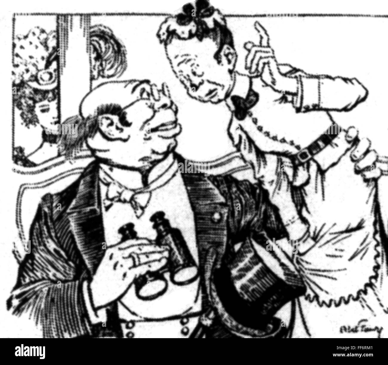 medicine, caricature, 'Doctor, a lady is feeling uneasy in the abdomen - Pardon me, I am a specialist for the upper parts', drawing by Abel Faivre (1867 - 1945), circa 1905, Additional-Rights-Clearences-Not Available Stock Photo
