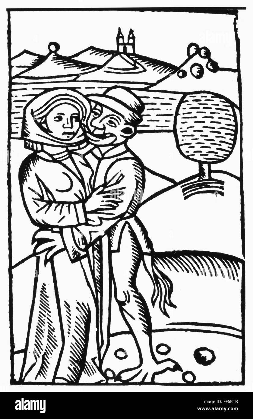 DEVIL AND WITCH, 1489. /nA devil seduces a witch. Woodcut from Ulrich Molitor's 'De Laniis et phitonicis mulierbus,' Constance, Germany, 1489. Stock Photo