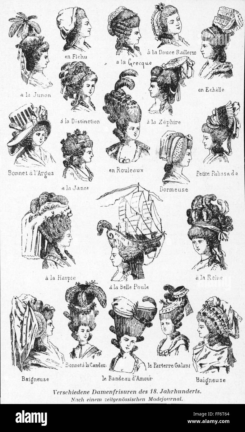 fashion, 18th century, different ladies' hairstyles, from a